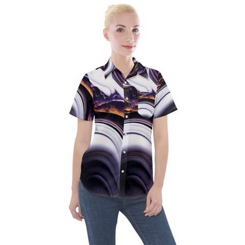 Marble Abstract Water Gold Dark Pink Purple Art Women s Short Sleeve Pocket Shirt by Pakemis