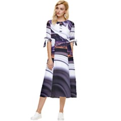 Marble Abstract Water Gold Dark Pink Purple Art Bow Sleeve Chiffon Midi Dress by Pakemis