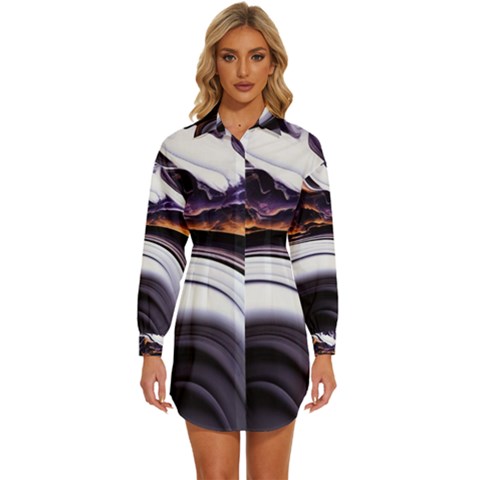 Marble Abstract Water Gold Dark Pink Purple Art Womens Long Sleeve Shirt Dress by Pakemis