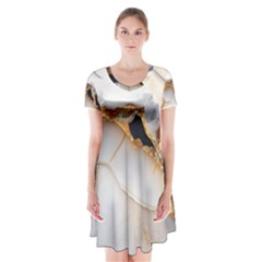 Marble Stone Abstract Gold White Color Colorful Short Sleeve V-neck Flare Dress by Pakemis