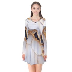 Marble Stone Abstract Gold White Color Colorful Long Sleeve V-neck Flare Dress by Pakemis