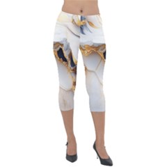 Marble Stone Abstract Gold White Color Colorful Lightweight Velour Capri Leggings  by Pakemis