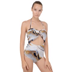 Marble Stone Abstract Gold White Color Colorful Scallop Top Cut Out Swimsuit by Pakemis