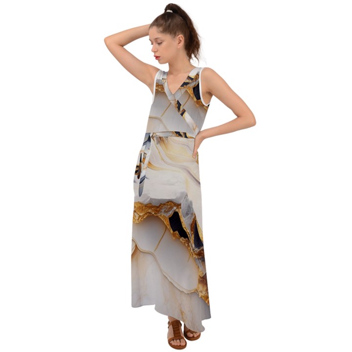 Marble Stone Abstract Gold White Color Colorful V-Neck Chiffon Maxi Dress