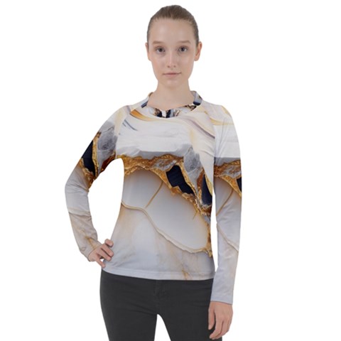 Marble Stone Abstract Gold White Color Colorful Women s Pique Long Sleeve Tee by Pakemis