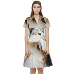 Marble Stone Abstract Gold White Color Colorful Short Sleeve Waist Detail Dress by Pakemis