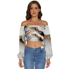 Marble Stone Abstract Gold White Color Colorful Long Sleeve Crinkled Weave Crop Top