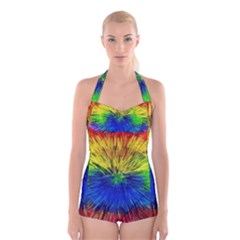 Colour Background Structure Lines Explosion Pop Boyleg Halter Swimsuit 