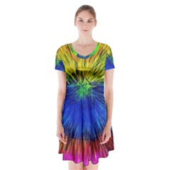 Colour Background Structure Lines Explosion Pop Short Sleeve V-neck Flare Dress by Pakemis