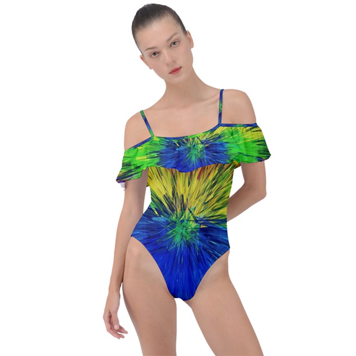 Colour Background Structure Lines Explosion Pop Frill Detail One Piece Swimsuit