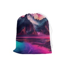 Ai Generated Mountain Ocean Lava Fire Sky Sea Drawstring Pouch (large) by Pakemis