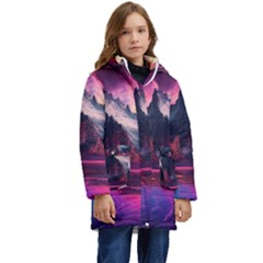 Ai Generated Mountain Ocean Lava Fire Sky Sea Kid s Hooded Longline Puffer Jacket by Pakemis