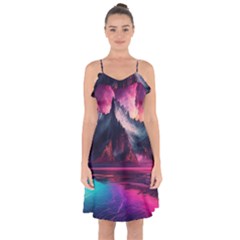 Ai Generated Mountain Ocean Lava Fire Sky Sea Ruffle Detail Chiffon Dress by Pakemis