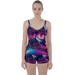 Ai Generated Mountain Ocean Lava Fire Sky Sea Tie Front Two Piece Tankini by Pakemis