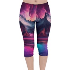 Ai Generated Mountain Ocean Lava Fire Sky Sea Velvet Capri Leggings  by Pakemis