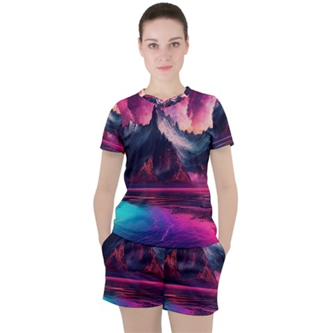 Ai Generated Mountain Ocean Lava Fire Sky Sea Women s Tee And Shorts Set by Pakemis