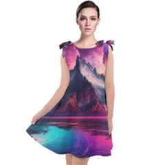 Ai Generated Mountain Ocean Lava Fire Sky Sea Tie Up Tunic Dress by Pakemis