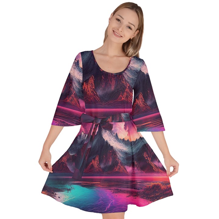 Ai Generated Mountain Ocean Lava Fire Sky Sea Velour Kimono Dress