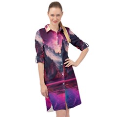 Ai Generated Mountain Ocean Lava Fire Sky Sea Long Sleeve Mini Shirt Dress by Pakemis