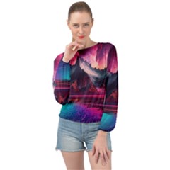 Ai Generated Mountain Ocean Lava Fire Sky Sea Banded Bottom Chiffon Top by Pakemis