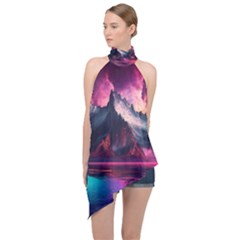 Ai Generated Mountain Ocean Lava Fire Sky Sea Halter Asymmetric Satin Top by Pakemis