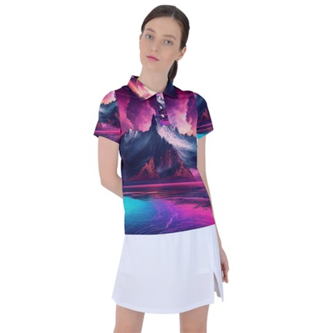 Ai Generated Mountain Ocean Lava Fire Sky Sea Women s Polo Tee by Pakemis