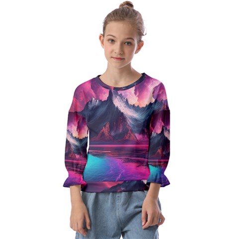 Ai Generated Mountain Ocean Lava Fire Sky Sea Kids  Cuff Sleeve Top by Pakemis