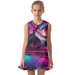 Ai Generated Mountain Ocean Lava Fire Sky Sea Kids  Pilgrim Collar Ruffle Hem Dress