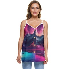 Ai Generated Mountain Ocean Lava Fire Sky Sea Casual Spaghetti Strap Chiffon Top by Pakemis