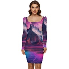 Ai Generated Mountain Ocean Lava Fire Sky Sea Women Long Sleeve Ruched Stretch Jersey Dress by Pakemis