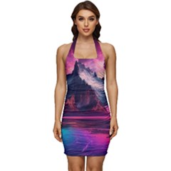 Ai Generated Mountain Ocean Lava Fire Sky Sea Sleeveless Wide Square Neckline Ruched Bodycon Dress