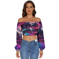 Ai Generated Mountain Ocean Lava Fire Sky Sea Long Sleeve Crinkled Weave Crop Top