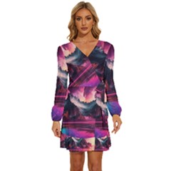 Ai Generated Mountain Ocean Lava Fire Sky Sea Long Sleeve Waist Tie Ruffle Velour Dress by Pakemis