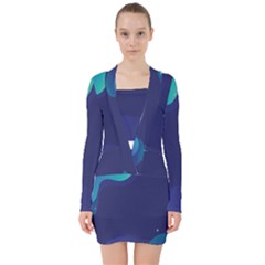 Abstract Blue Texture Space V-neck Bodycon Long Sleeve Dress by Ravend