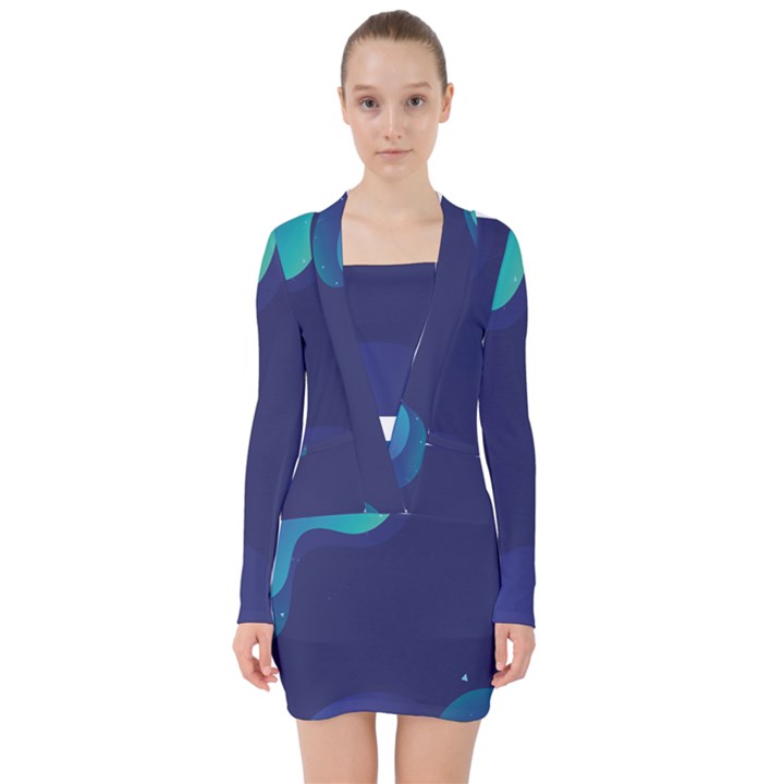 Abstract Blue Texture Space V-neck Bodycon Long Sleeve Dress