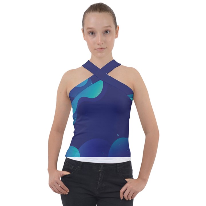 Abstract Blue Texture Space Cross Neck Velour Top