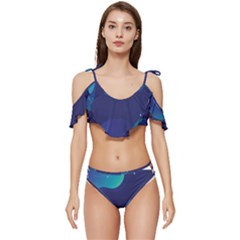 Abstract Blue Texture Space Ruffle Edge Tie Up Bikini Set	