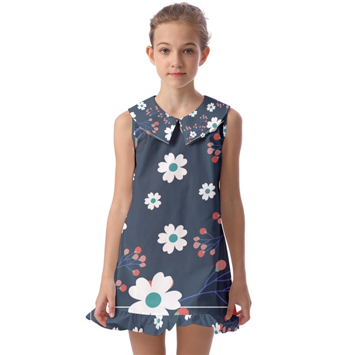 Floral Digital Background Kids  Pilgrim Collar Ruffle Hem Dress