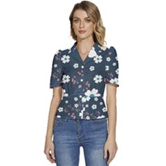 Floral Digital Background Puffed Short Sleeve Button Up Jacket