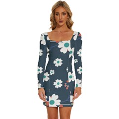 Floral Digital Background Long Sleeve Square Neck Bodycon Velour Dress