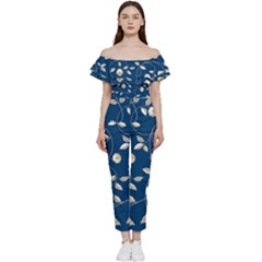 Flora Flower Flowers Nature Abstract Wallpaper Design Off Shoulder Ruffle Top Jumpsuit