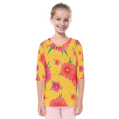 Background Flowers Floral Pattern Kids  Quarter Sleeve Raglan Tee by Ravend