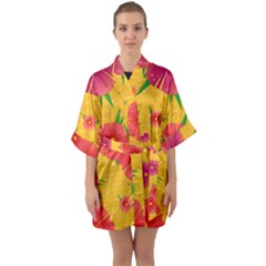 Background Flowers Floral Pattern Half Sleeve Satin Kimono  by Ravend