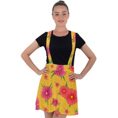 Background Flowers Floral Pattern Velvet Suspender Skater Skirt by Ravend