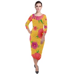 Background Flowers Floral Pattern Quarter Sleeve Midi Velour Bodycon Dress by Ravend