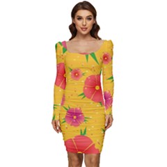 Background Flowers Floral Pattern Women Long Sleeve Ruched Stretch Jersey Dress by Ravend