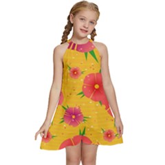 Background Flowers Floral Pattern Kids  Halter Collar Waist Tie Chiffon Dress by Ravend