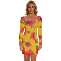 Background Flowers Floral Pattern Long Sleeve Square Neck Bodycon Velour Dress by Ravend