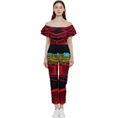 3d Abstract Model Texture Off Shoulder Ruffle Top Jumpsuit