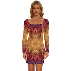 Fractal Abstract Artistic Long Sleeve Square Neck Bodycon Velour Dress